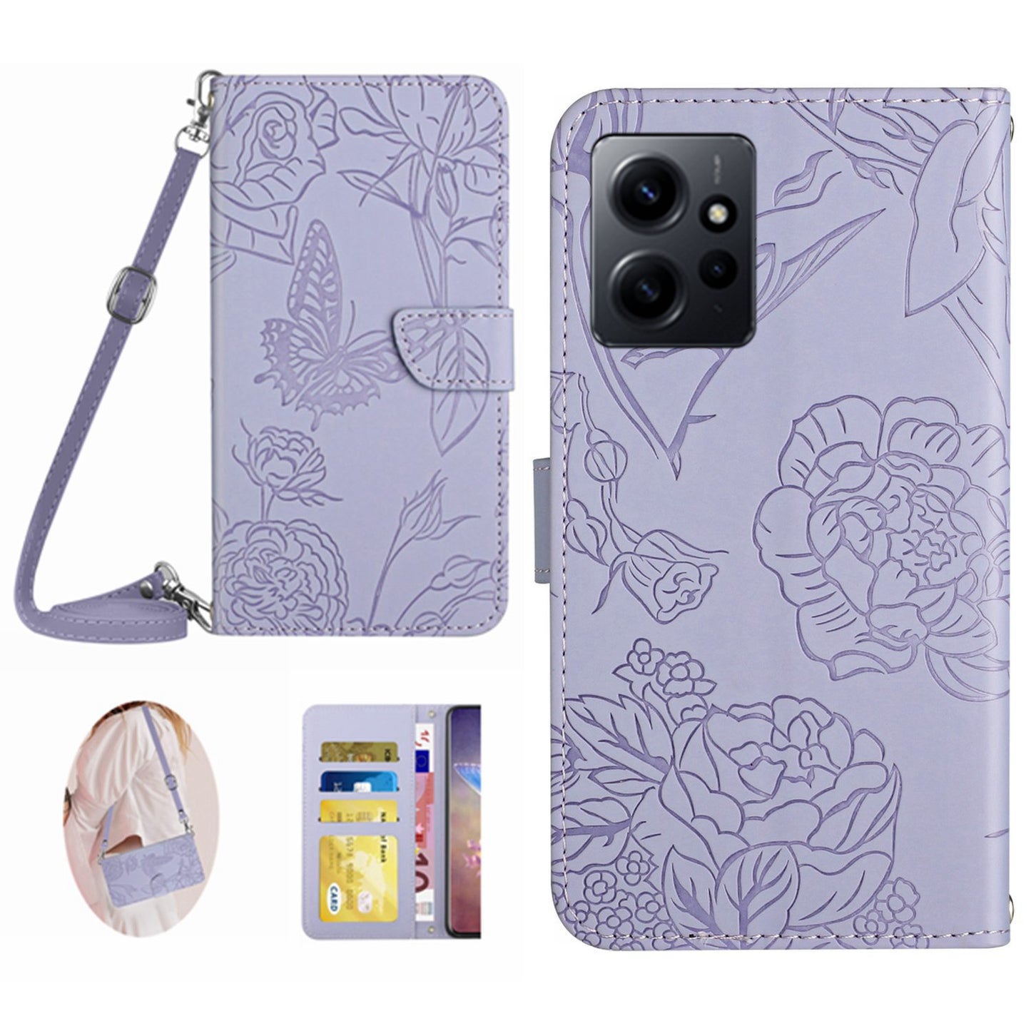 HT03 For Xiaomi Redmi Note 12 4G Skin-touch Butterfly Flowers Imprinted Wallet Stand Case Leather Cover with Shoulder Strap