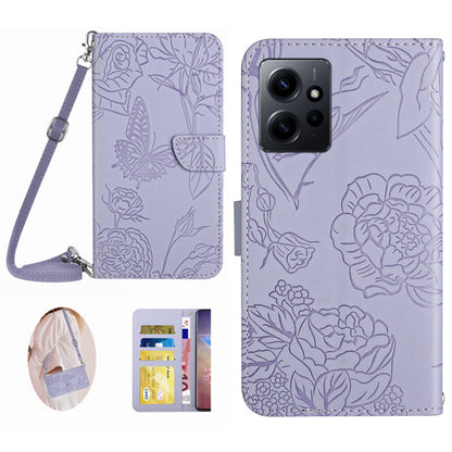 HT03 For Xiaomi Redmi Note 12 4G Skin-touch Butterfly Flowers Imprinted Wallet Stand Case Leather Cover with Shoulder Strap
