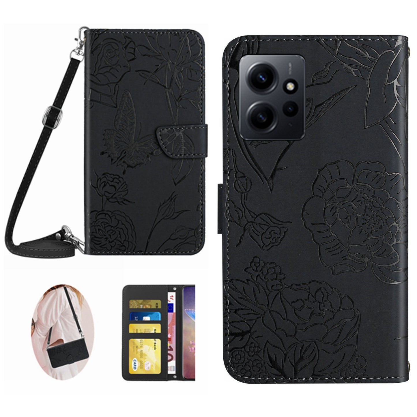 HT03 For Xiaomi Redmi Note 12 4G Skin-touch Butterfly Flowers Imprinted Wallet Stand Case Leather Cover with Shoulder Strap