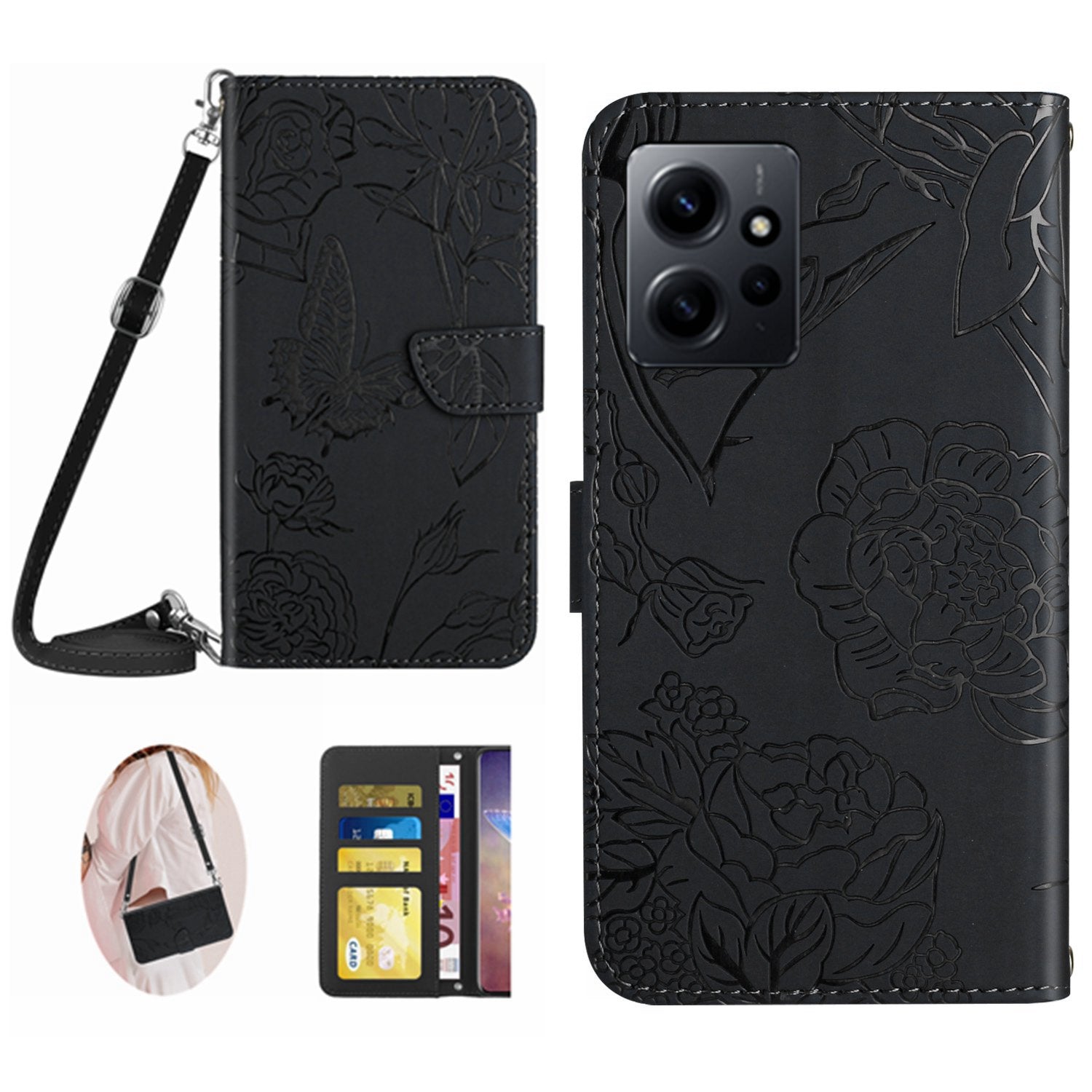 HT03 For Xiaomi Redmi Note 12 4G Skin-touch Butterfly Flowers Imprinted Wallet Stand Case Leather Cover with Shoulder Strap