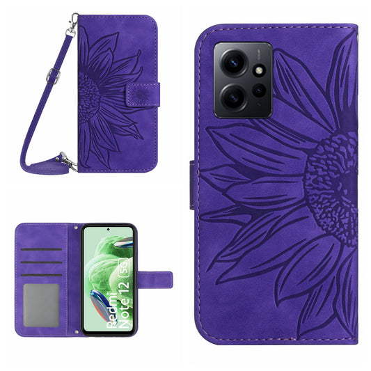 For Xiaomi Redmi Note 12 4G HT04 Sunflower Pattern Stand Cover Leather Wallet Phone Case with Shoulder Strap