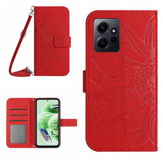 For Xiaomi Redmi Note 12 4G HT04 Sunflower Pattern Stand Cover Leather Wallet Phone Case with Shoulder Strap