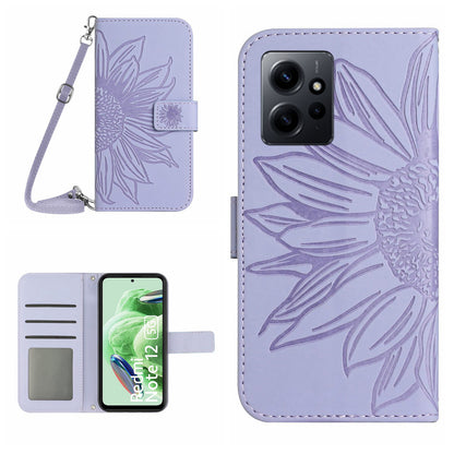 For Xiaomi Redmi Note 12 4G HT04 Sunflower Pattern Stand Cover Leather Wallet Phone Case with Shoulder Strap