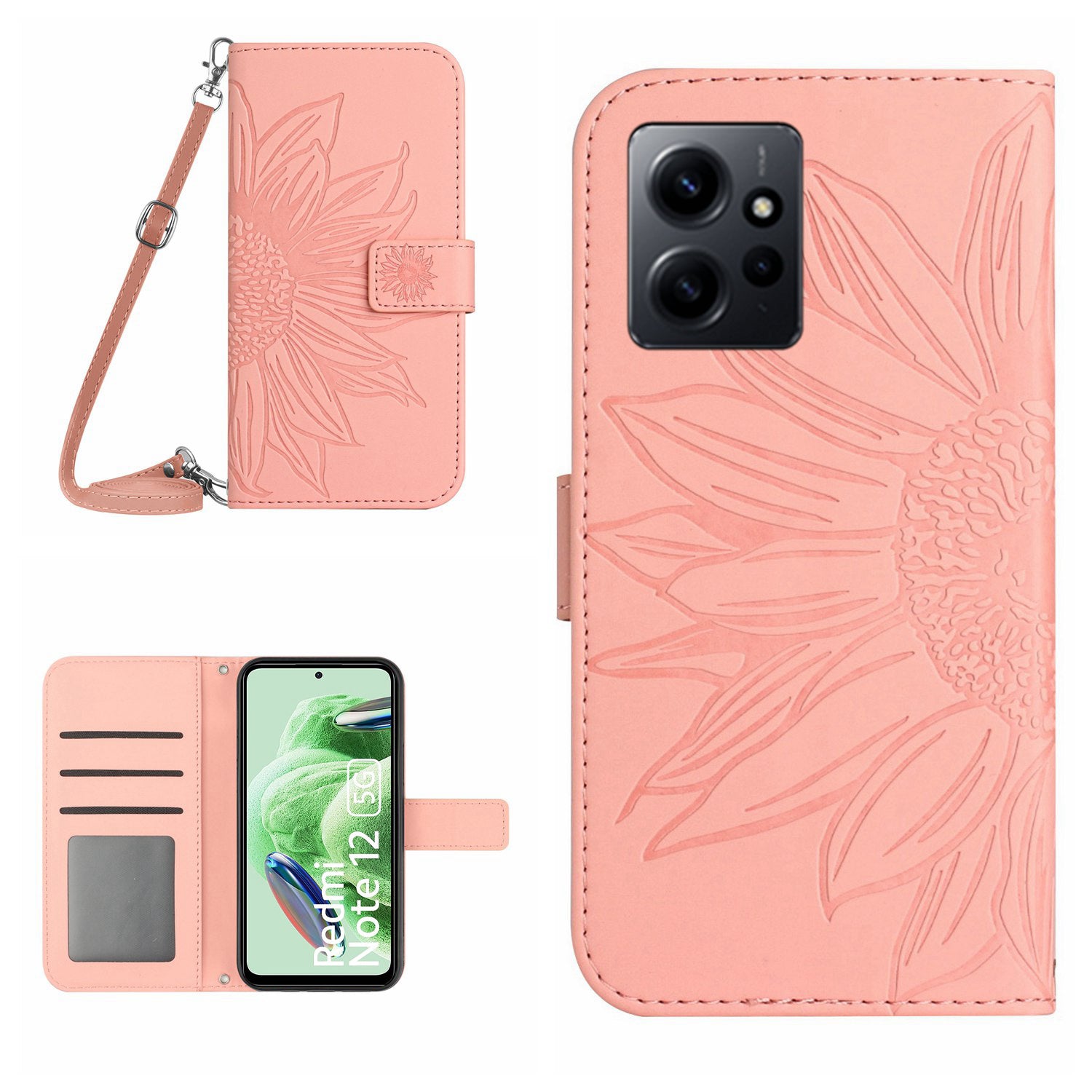 For Xiaomi Redmi Note 12 4G HT04 Sunflower Pattern Stand Cover Leather Wallet Phone Case with Shoulder Strap