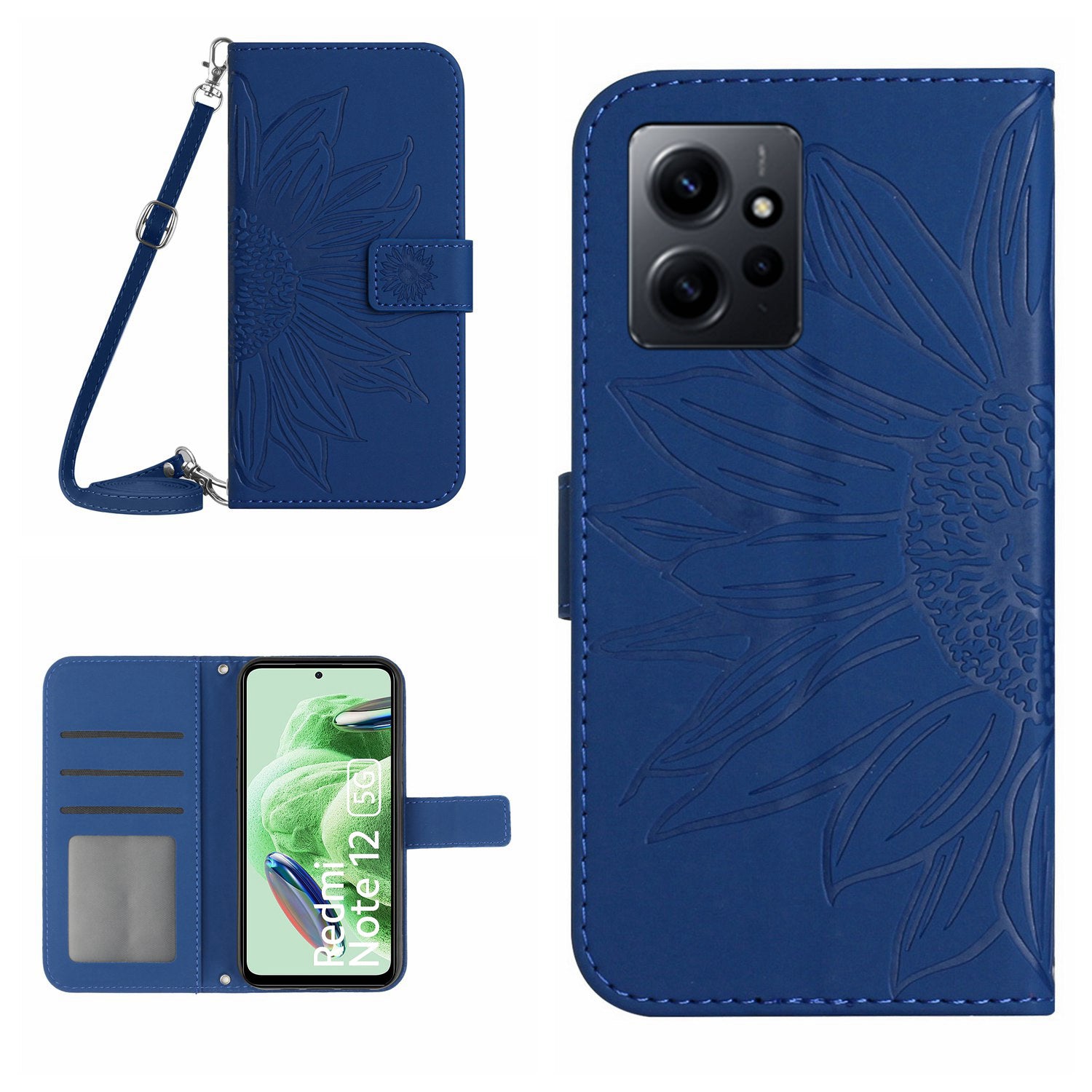 For Xiaomi Redmi Note 12 4G HT04 Sunflower Pattern Stand Cover Leather Wallet Phone Case with Shoulder Strap