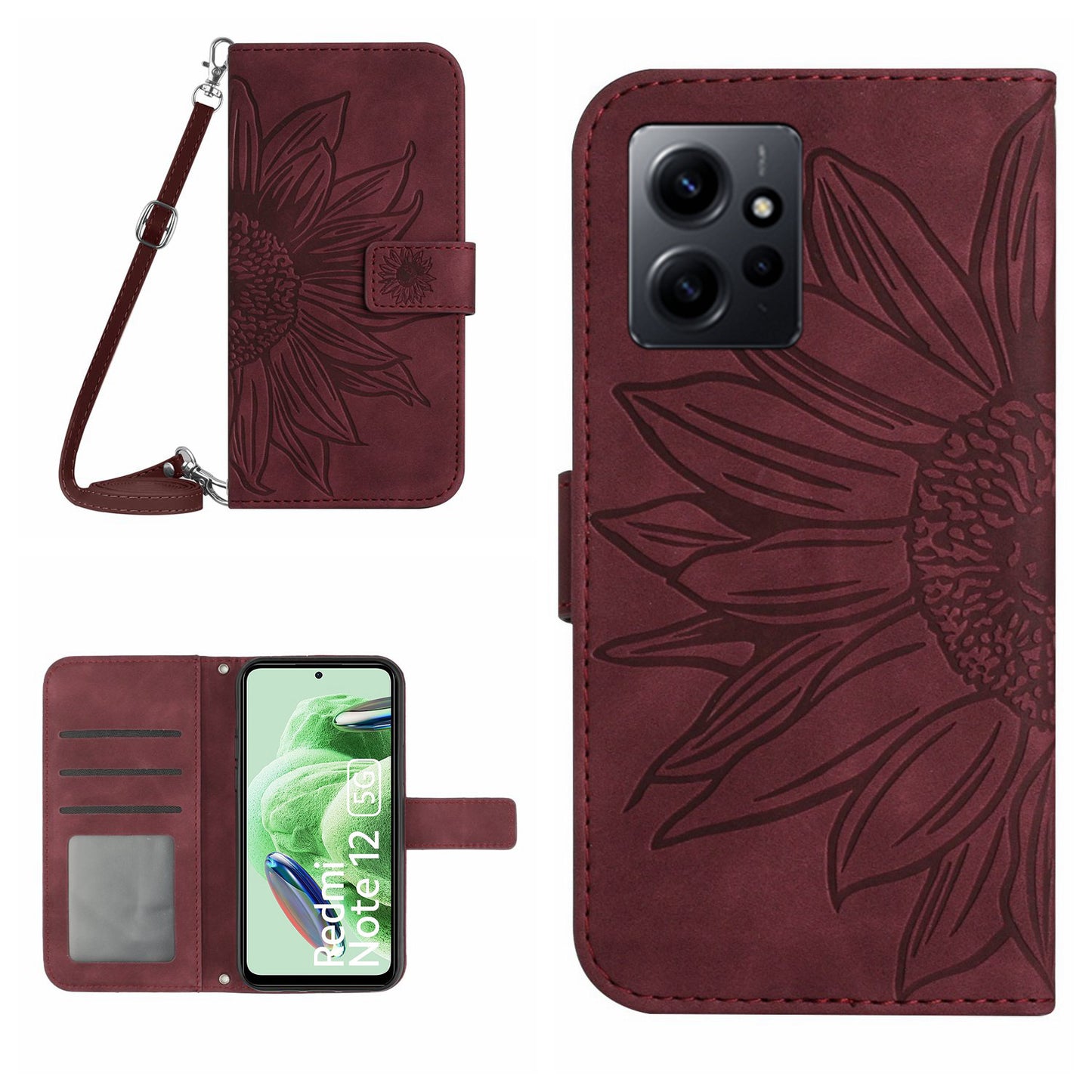 For Xiaomi Redmi Note 12 4G HT04 Sunflower Pattern Stand Cover Leather Wallet Phone Case with Shoulder Strap