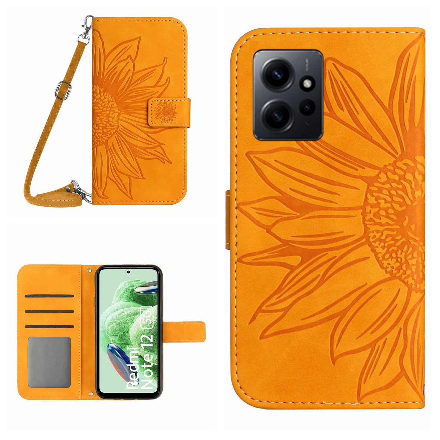For Xiaomi Redmi Note 12 4G HT04 Sunflower Pattern Stand Cover Leather Wallet Phone Case with Shoulder Strap