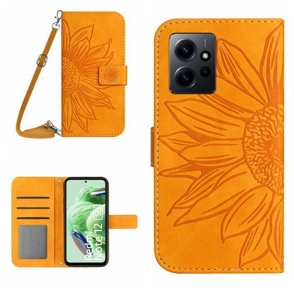 For Xiaomi Redmi Note 12 4G HT04 Sunflower Pattern Stand Cover Leather Wallet Phone Case with Shoulder Strap