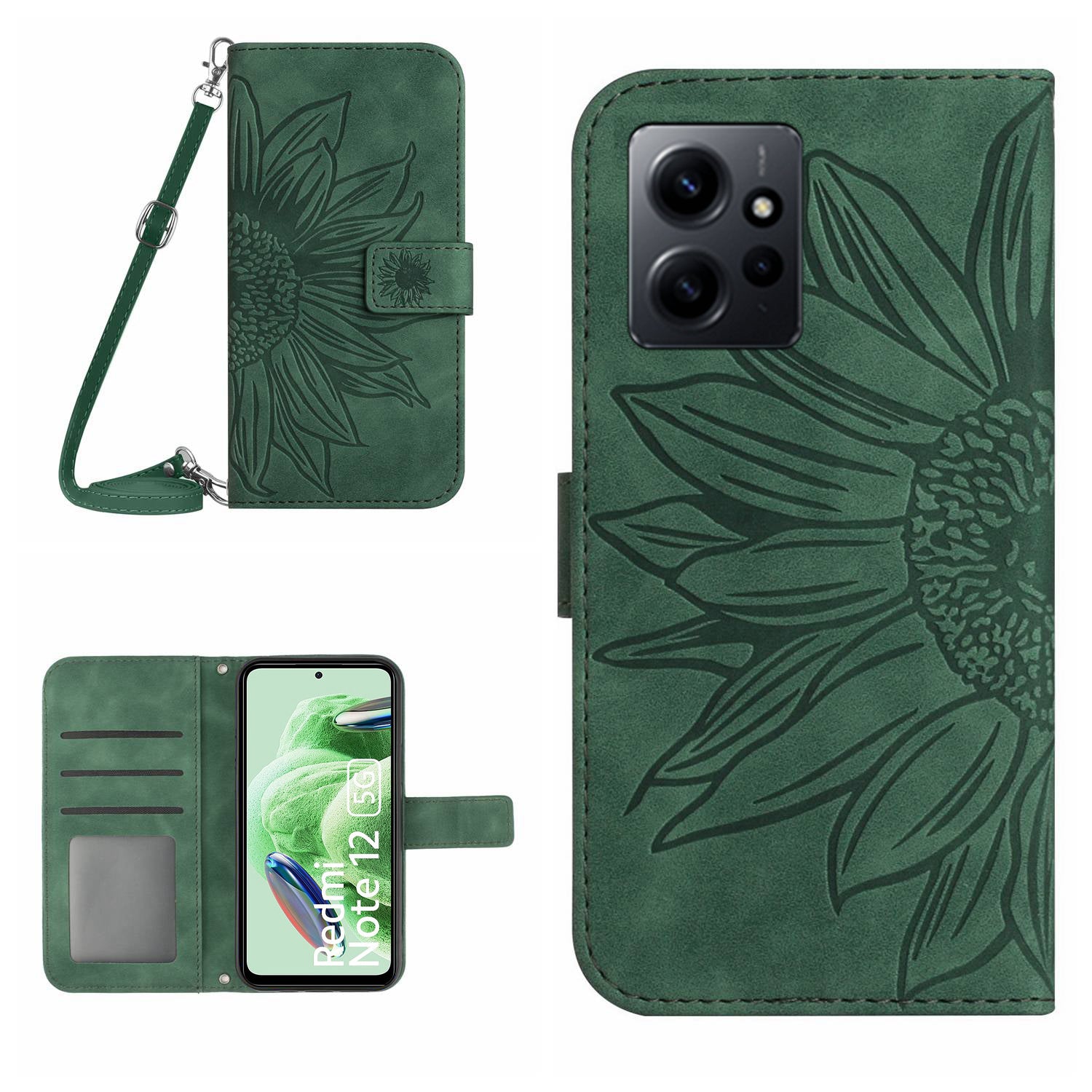 For Xiaomi Redmi Note 12 4G HT04 Sunflower Pattern Stand Cover Leather Wallet Phone Case with Shoulder Strap