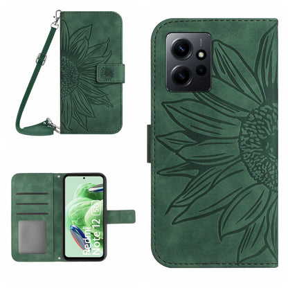 For Xiaomi Redmi Note 12 4G HT04 Sunflower Pattern Stand Cover Leather Wallet Phone Case with Shoulder Strap