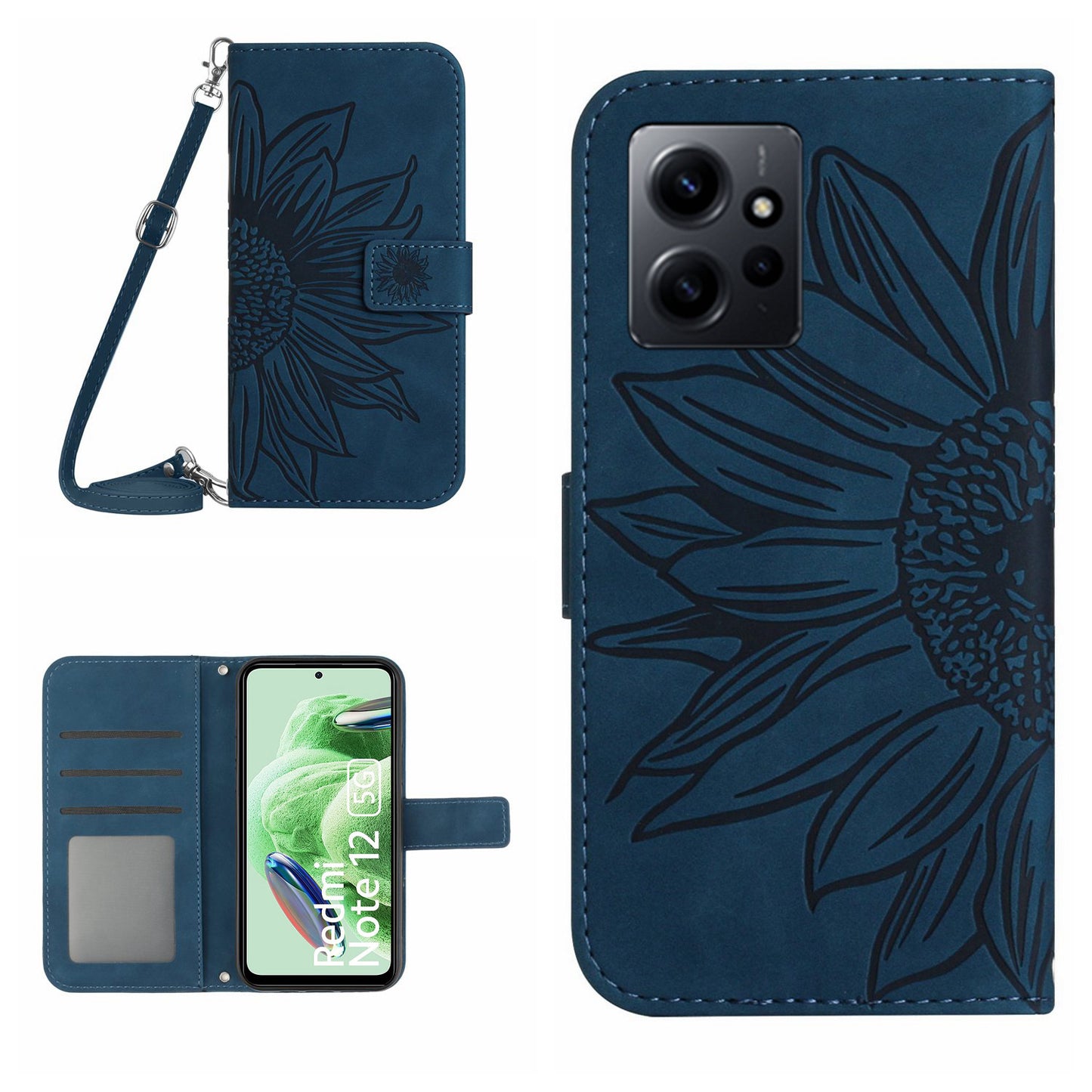For Xiaomi Redmi Note 12 4G HT04 Sunflower Pattern Stand Cover Leather Wallet Phone Case with Shoulder Strap