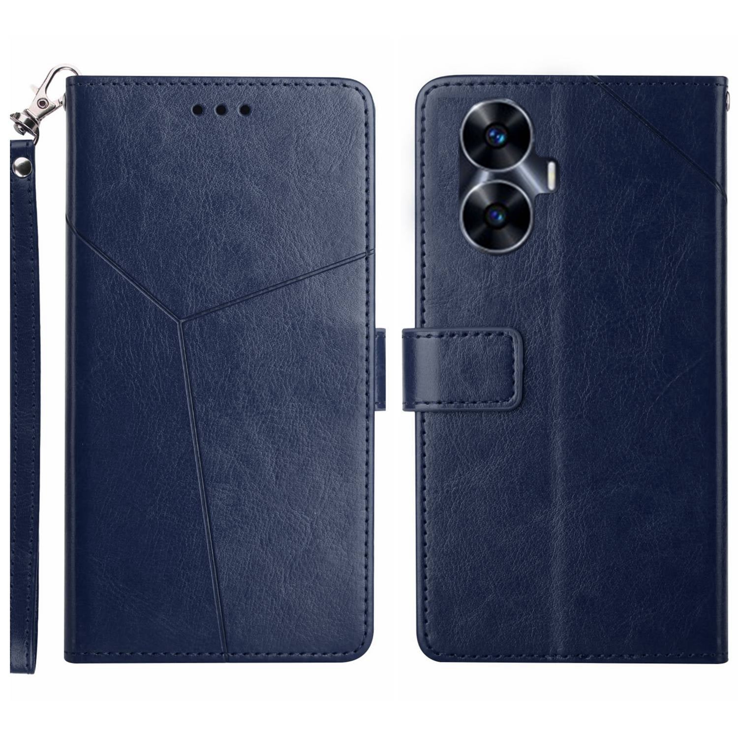 HT01 For Realme C55 Anti-drop Leather Phone Cover Imprinted Y-shaped Line Stand Wallet Phone Case
