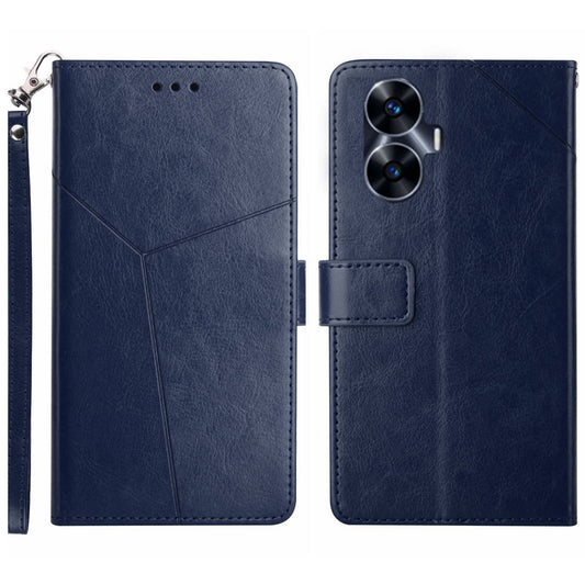 HT01 For Realme C55 Anti-drop Leather Phone Cover Imprinted Y-shaped Line Stand Wallet Phone Case