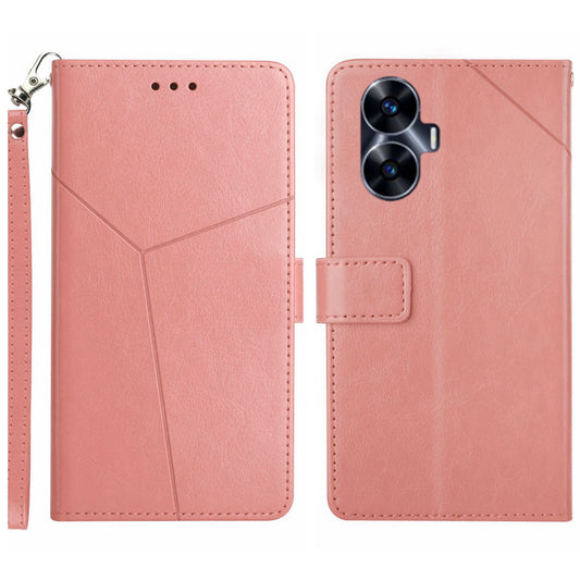 HT01 For Realme C55 Anti-drop Leather Phone Cover Imprinted Y-shaped Line Stand Wallet Phone Case