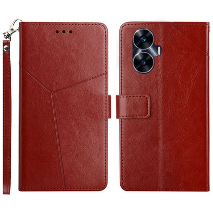 HT01 For Realme C55 Anti-drop Leather Phone Cover Imprinted Y-shaped Line Stand Wallet Phone Case