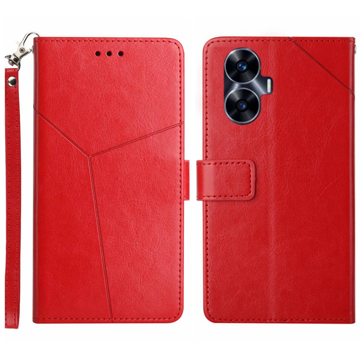 HT01 For Realme C55 Anti-drop Leather Phone Cover Imprinted Y-shaped Line Stand Wallet Phone Case
