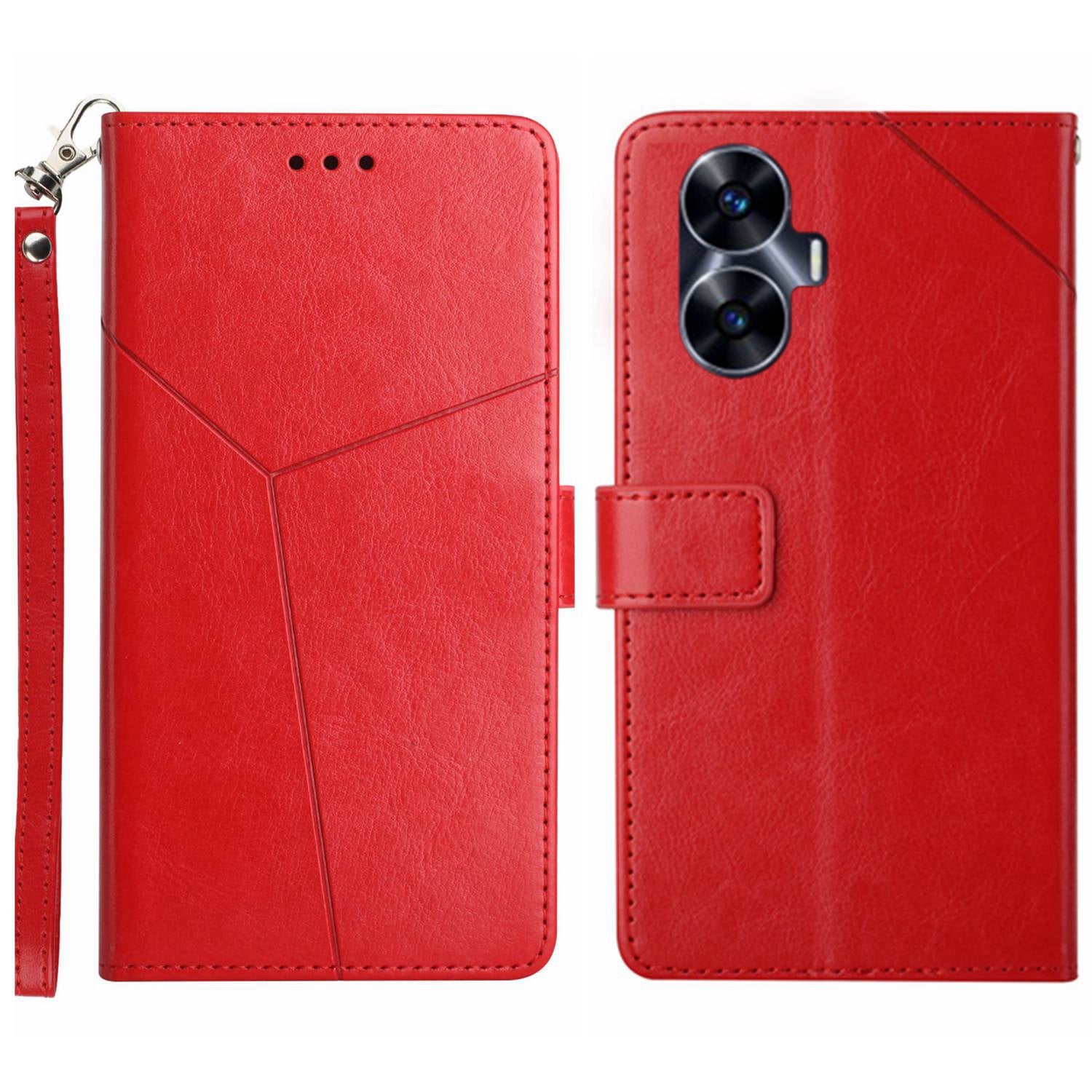 HT01 For Realme C55 Anti-drop Leather Phone Cover Imprinted Y-shaped Line Stand Wallet Phone Case