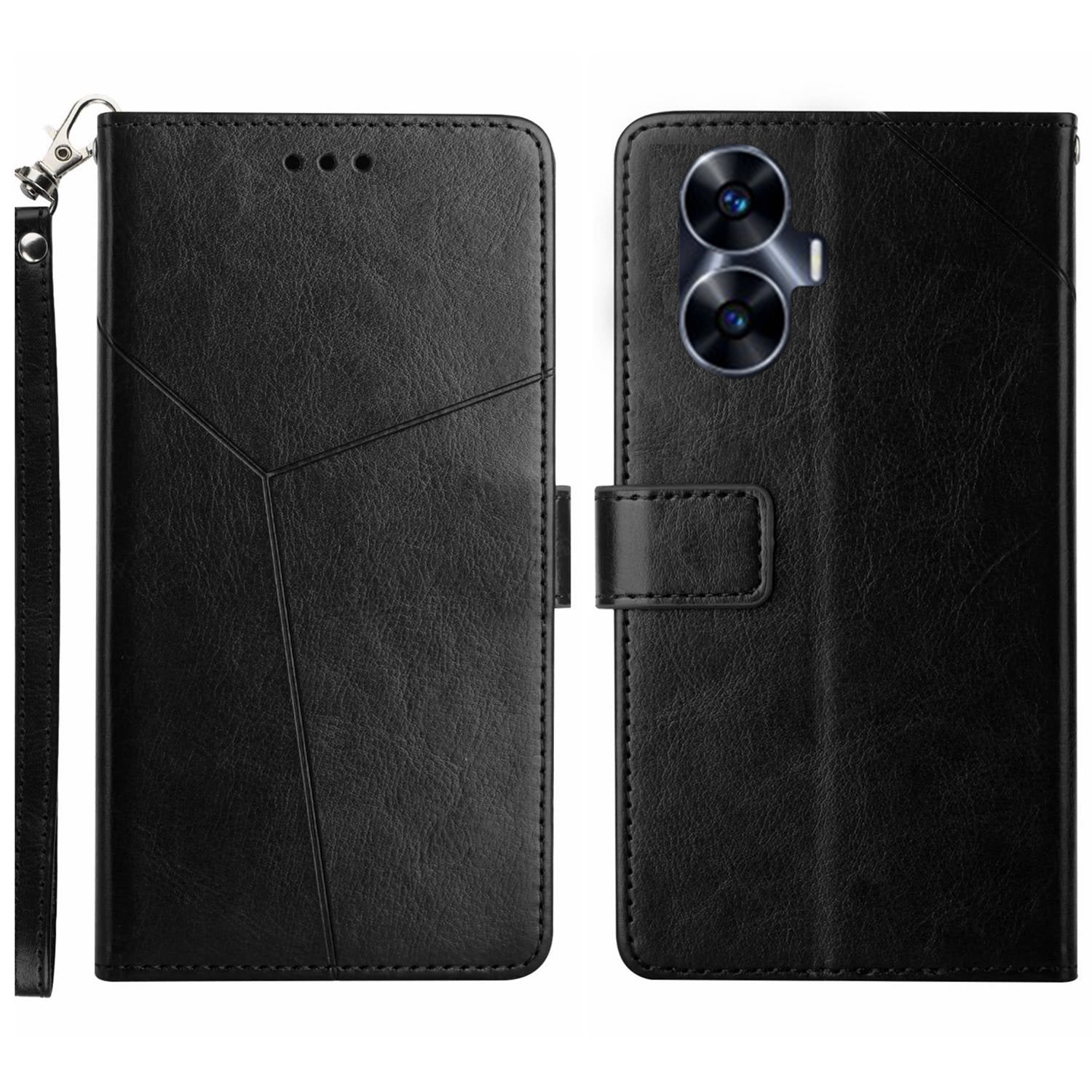HT01 For Realme C55 Anti-drop Leather Phone Cover Imprinted Y-shaped Line Stand Wallet Phone Case