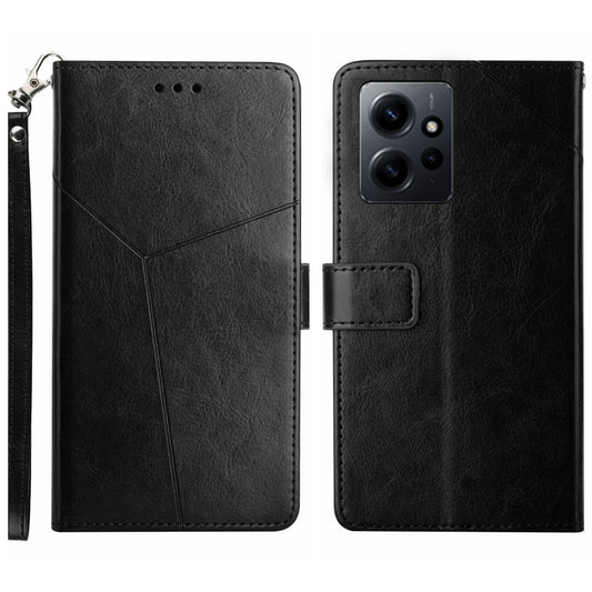 HT01 For Xiaomi Redmi Note 12 4G Imprinted Y-shaped Line Phone Cover Stand Wallet Leather Cell Phone Case