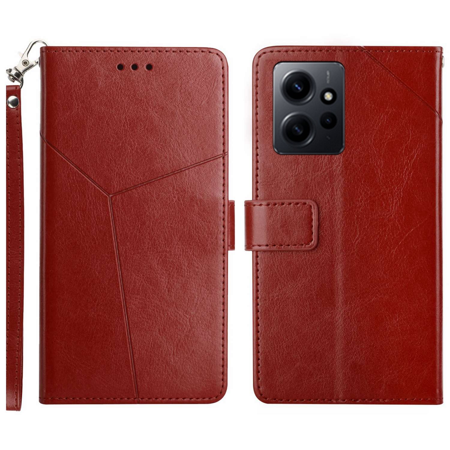 HT01 For Xiaomi Redmi Note 12 4G Imprinted Y-shaped Line Phone Cover Stand Wallet Leather Cell Phone Case