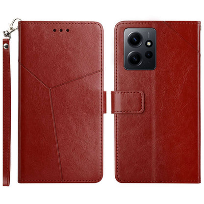 HT01 For Xiaomi Redmi Note 12 4G Imprinted Y-shaped Line Phone Cover Stand Wallet Leather Cell Phone Case