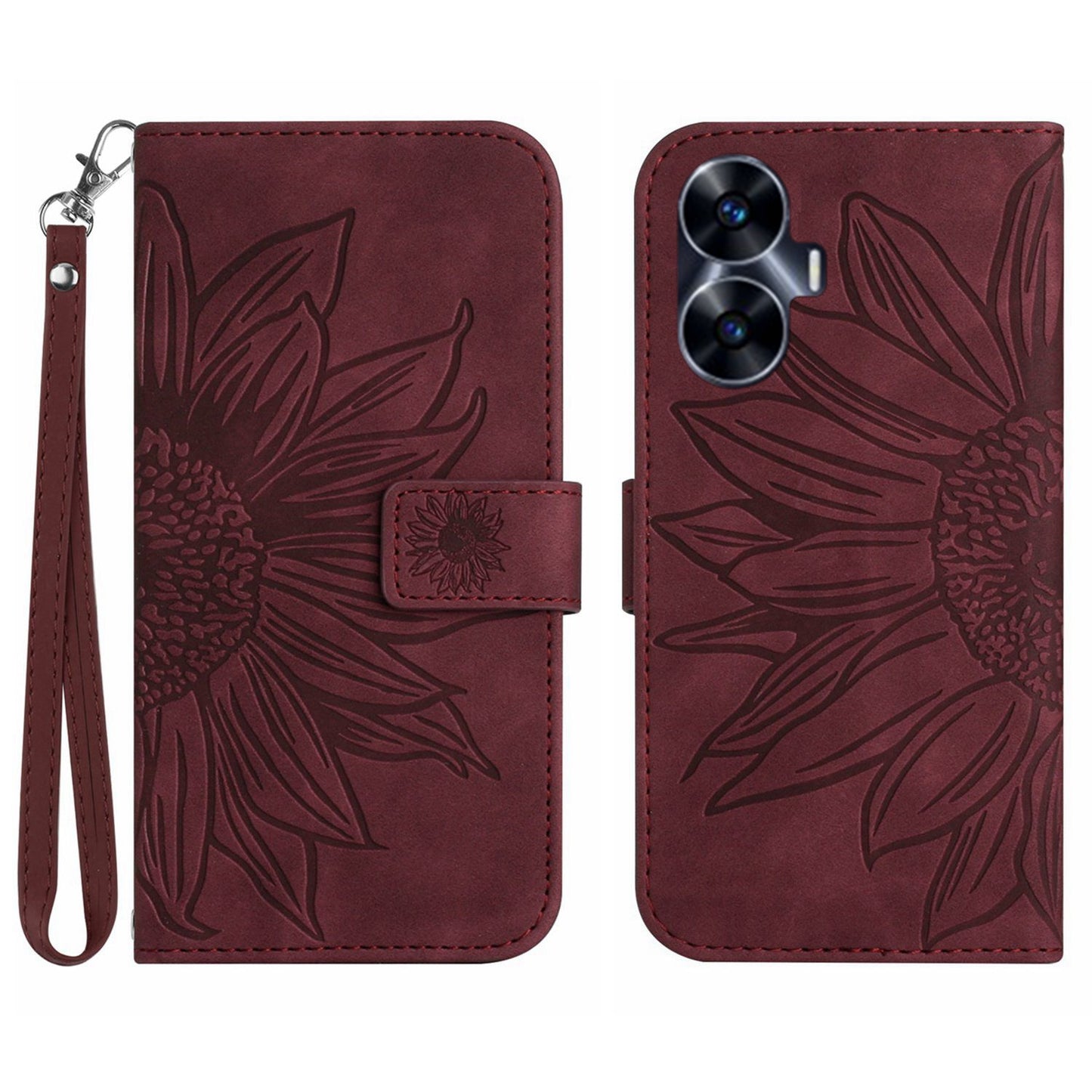 For Realme C55 HT04 Sunflower Pattern PU Leather Wallet Phone Case Flip Stand Cover