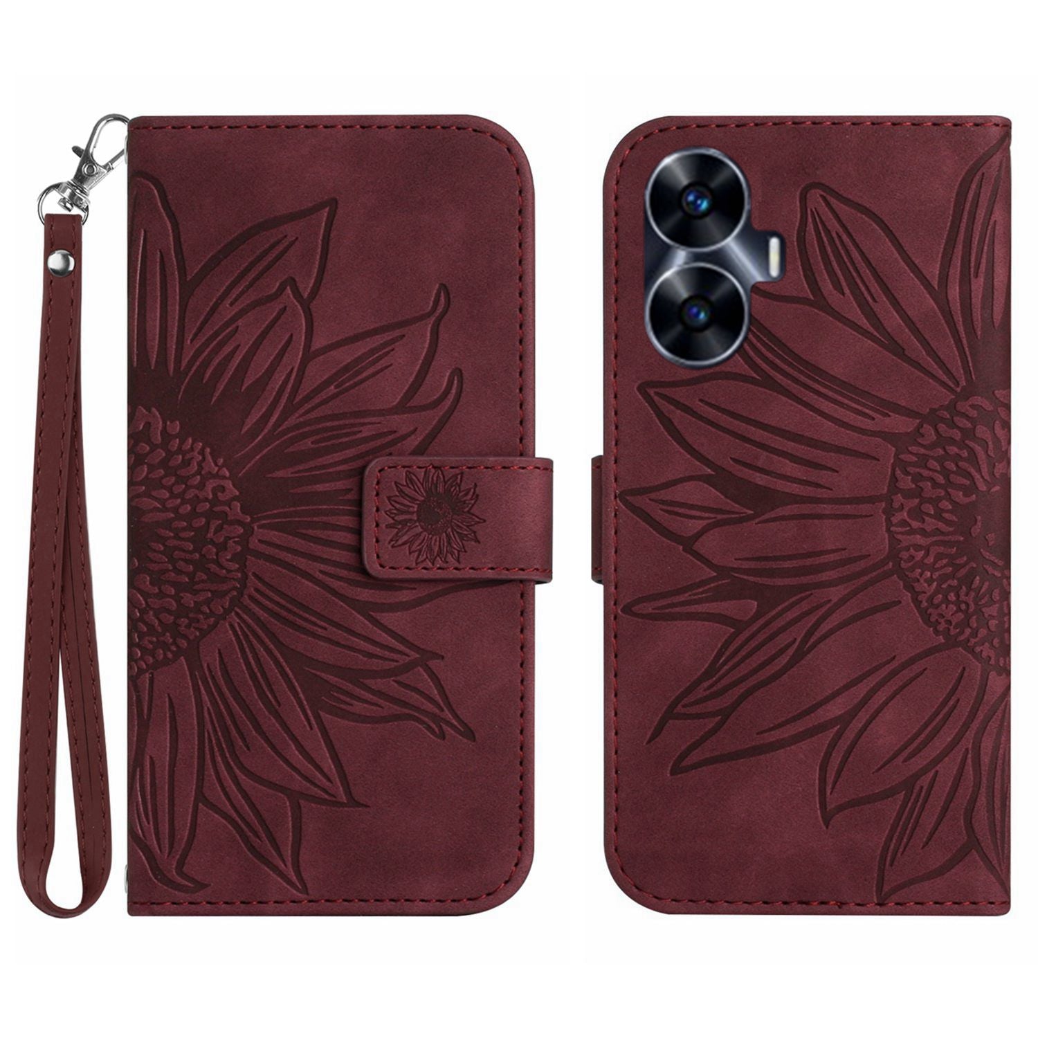 For Realme C55 HT04 Sunflower Pattern PU Leather Wallet Phone Case Flip Stand Cover