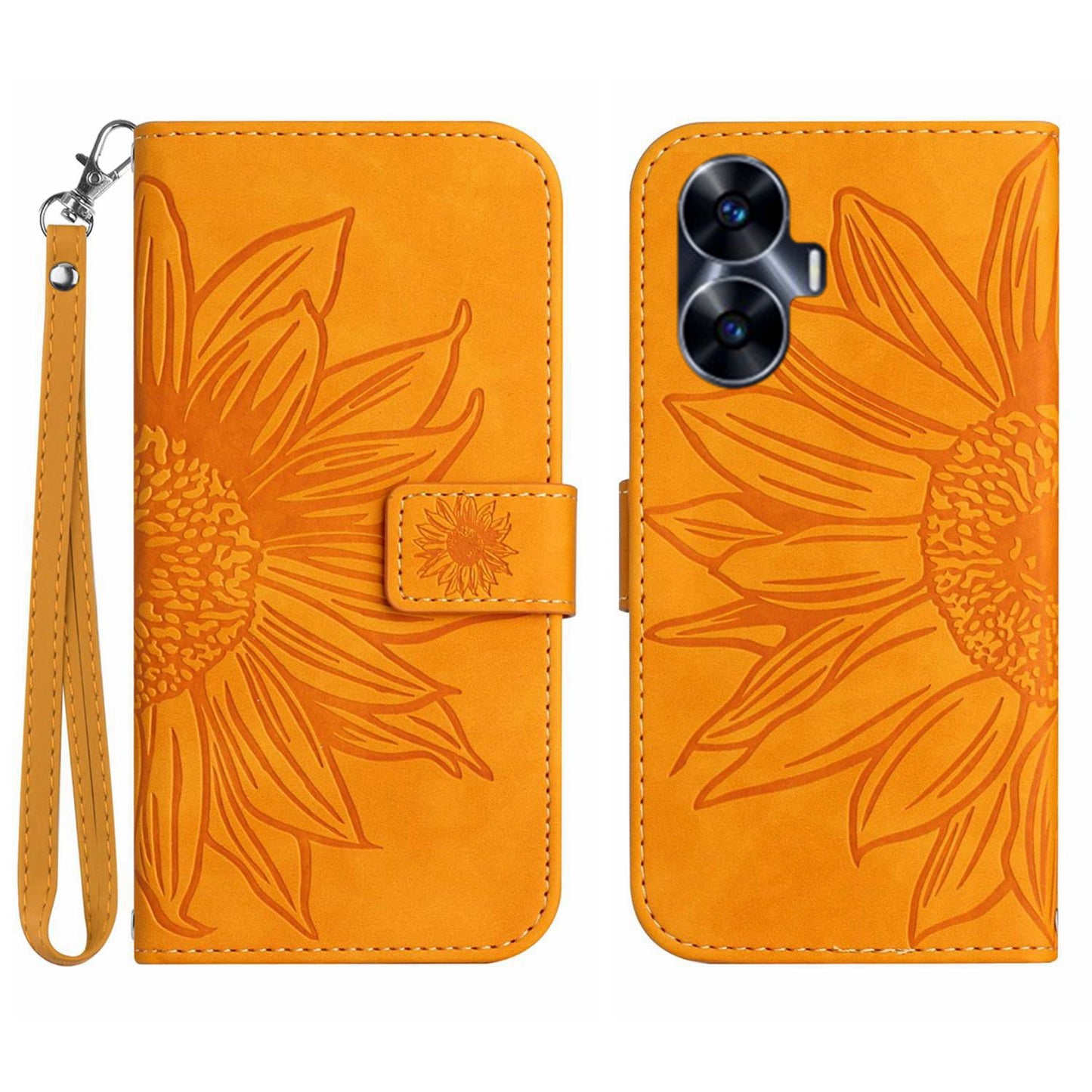 For Realme C55 HT04 Sunflower Pattern PU Leather Wallet Phone Case Flip Stand Cover