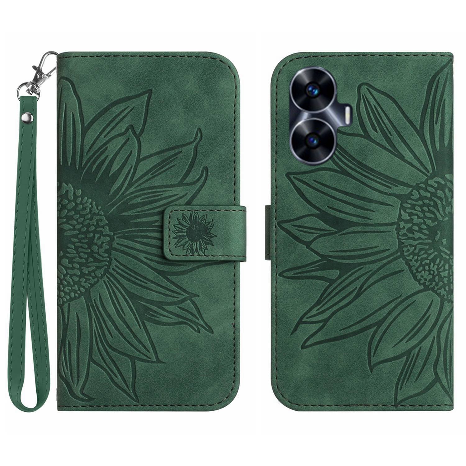 For Realme C55 HT04 Sunflower Pattern PU Leather Wallet Phone Case Flip Stand Cover