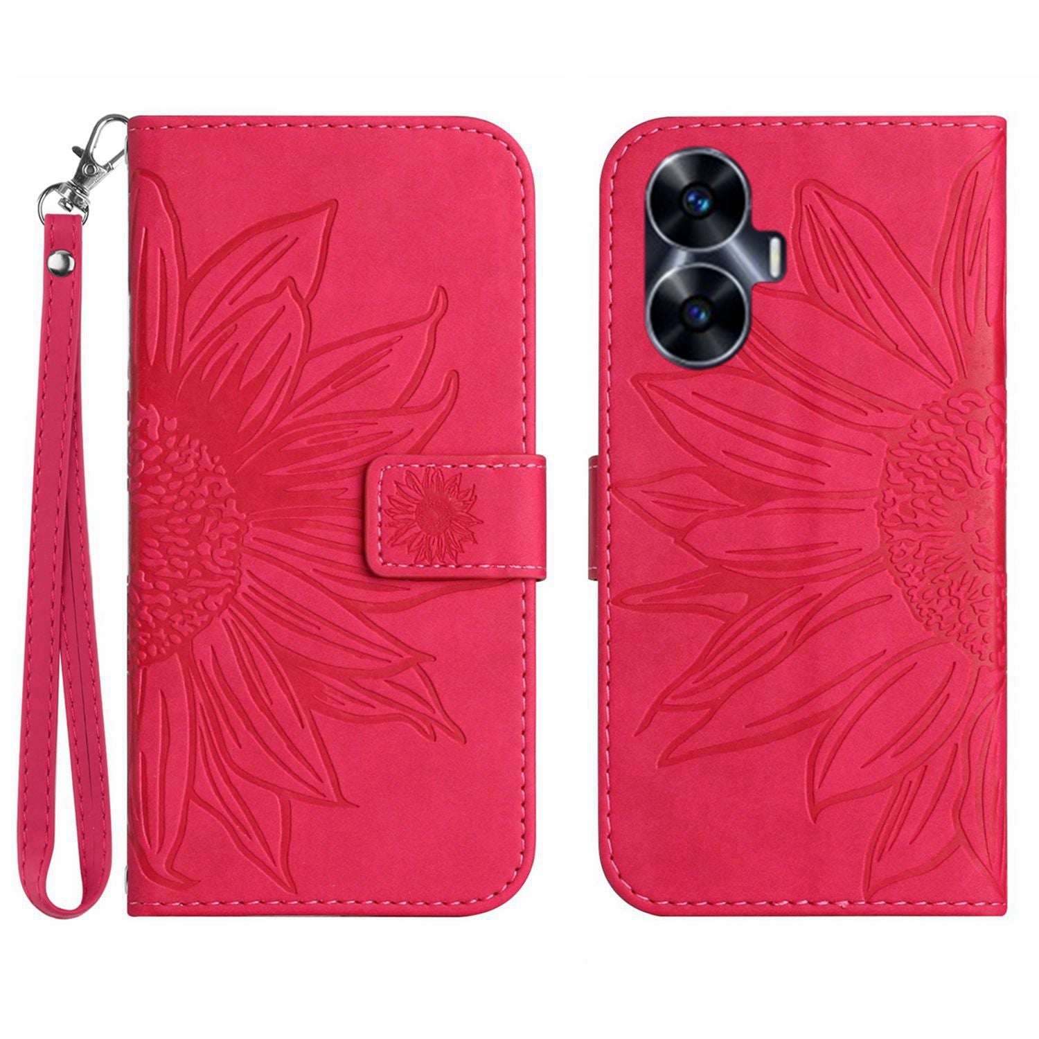 For Realme C55 HT04 Sunflower Pattern PU Leather Wallet Phone Case Flip Stand Cover