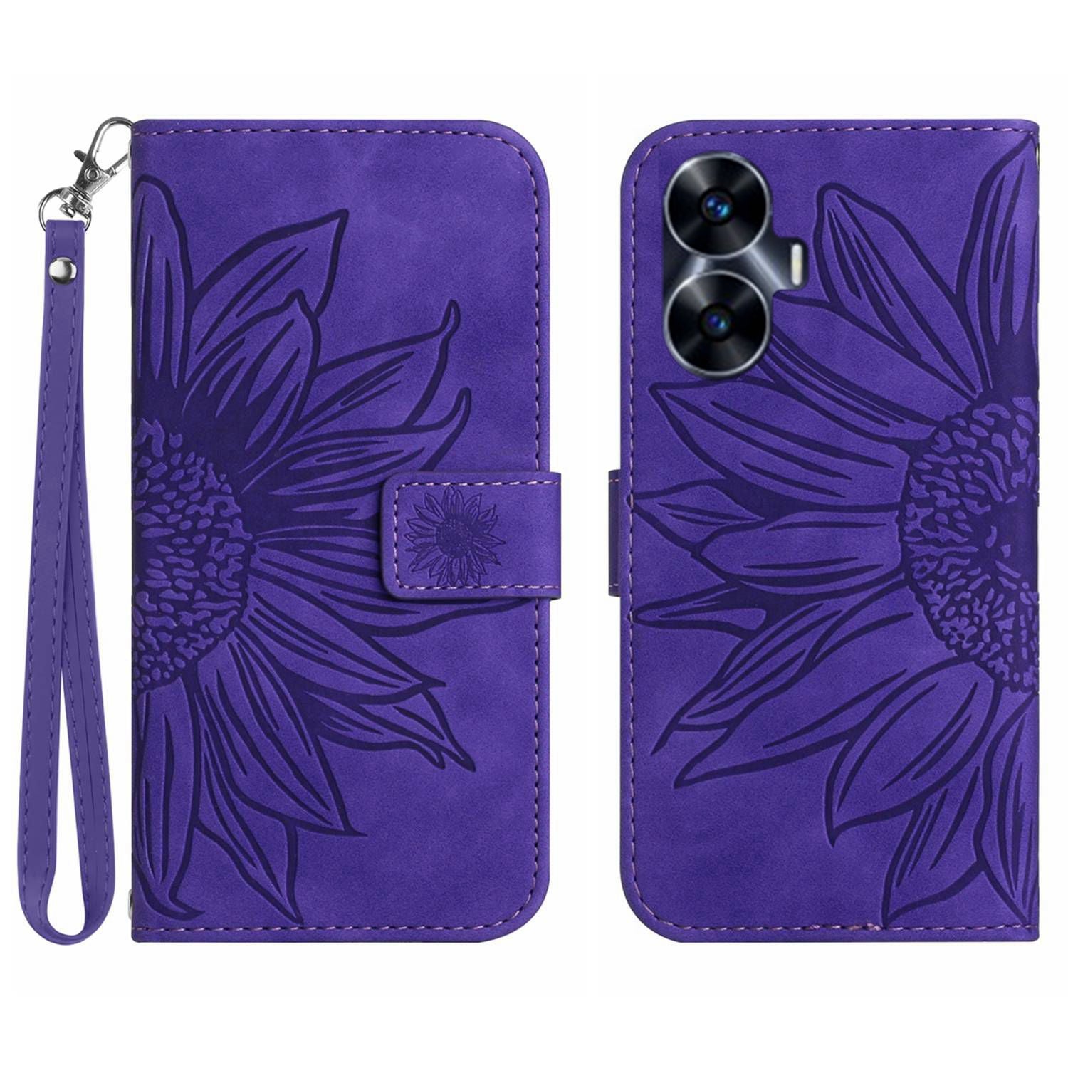 For Realme C55 HT04 Sunflower Pattern PU Leather Wallet Phone Case Flip Stand Cover