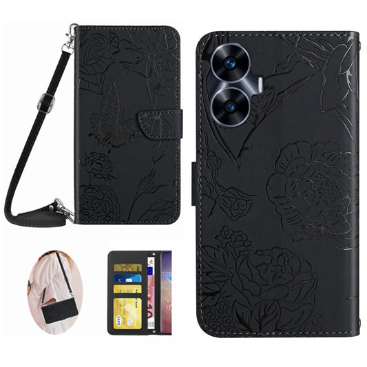 HT03 For Realme C55 Anti-Scatch Skin-touch Leather Phone Cover Imprinted Pattern Wallet Stand Case with Shoulder Strap