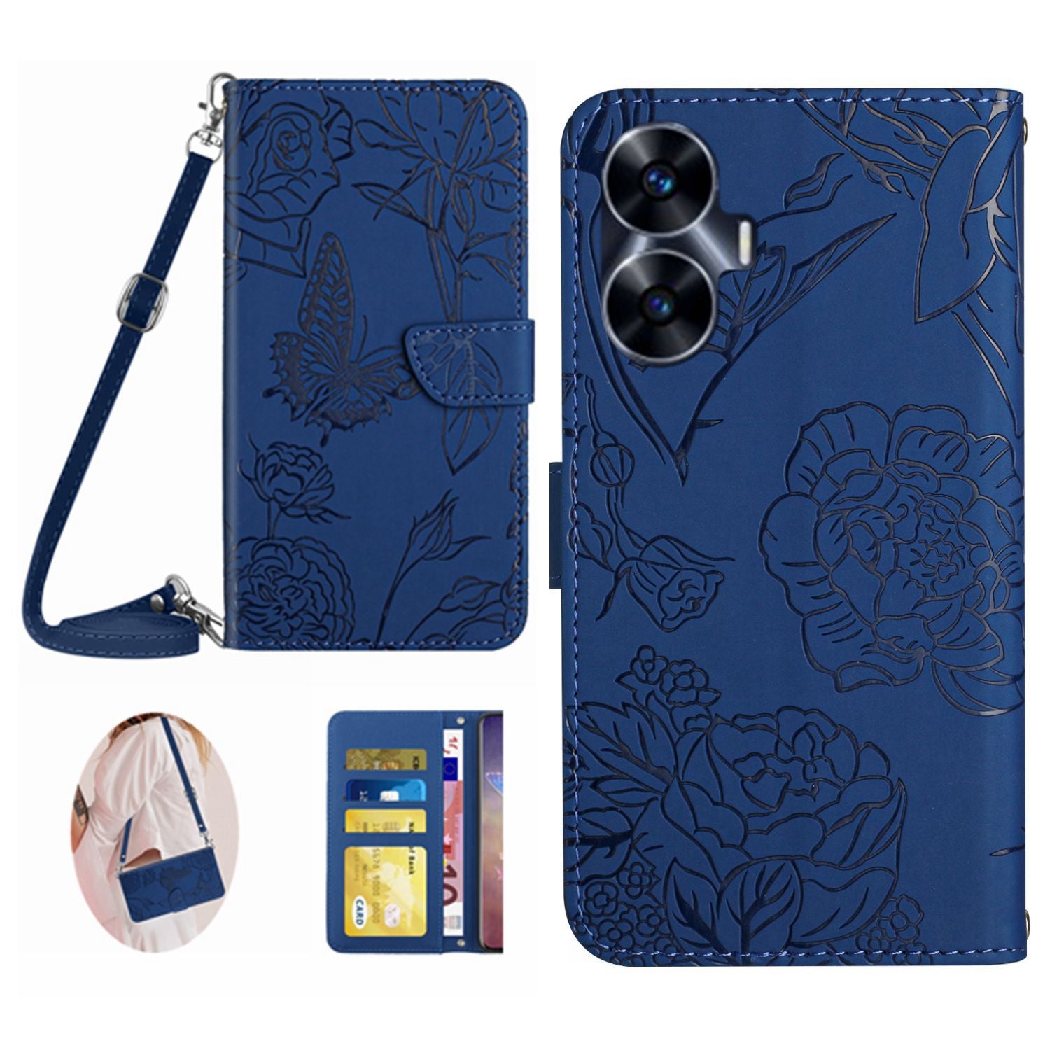 HT03 For Realme C55 Anti-Scatch Skin-touch Leather Phone Cover Imprinted Pattern Wallet Stand Case with Shoulder Strap