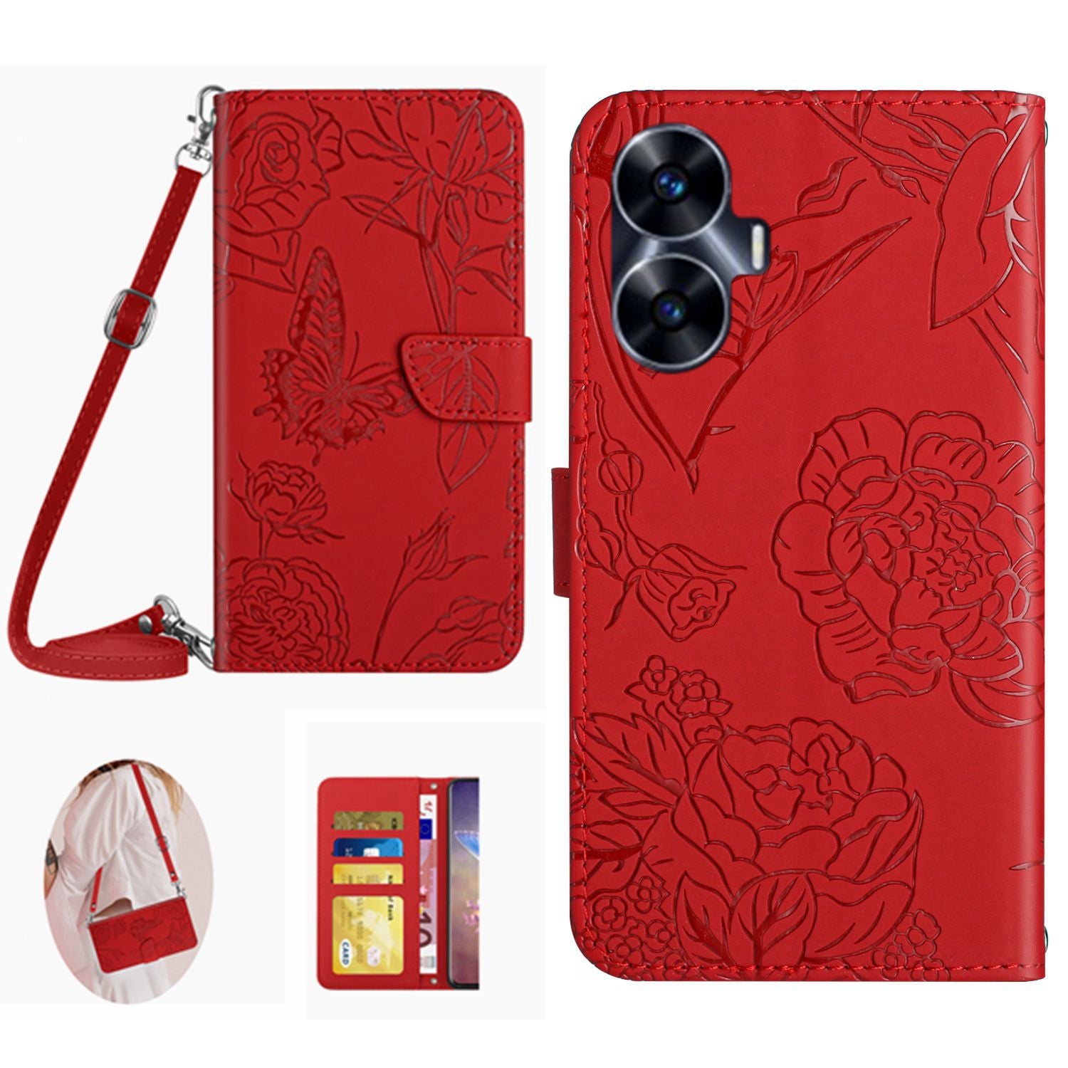 HT03 For Realme C55 Anti-Scatch Skin-touch Leather Phone Cover Imprinted Pattern Wallet Stand Case with Shoulder Strap
