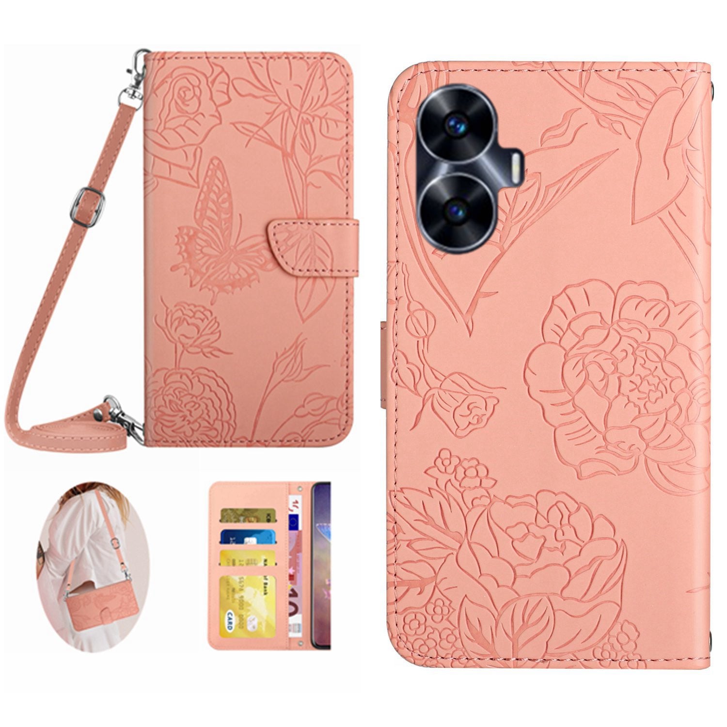 HT03 For Realme C55 Anti-Scatch Skin-touch Leather Phone Cover Imprinted Pattern Wallet Stand Case with Shoulder Strap