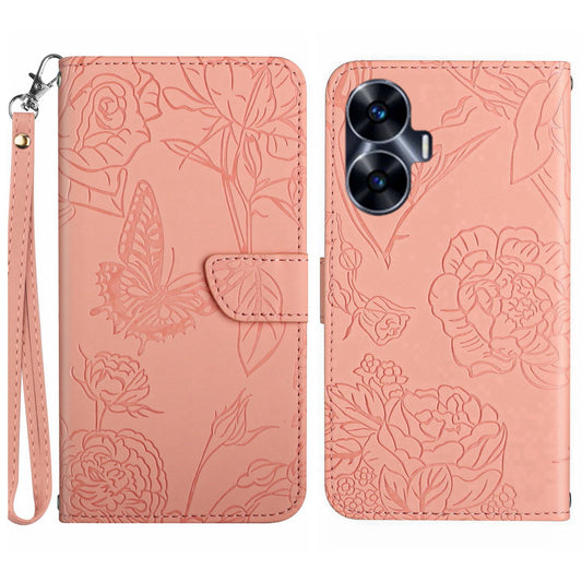 HT03 Skin-touch Imprinted Pattern Leather Phone Case For Realme C55 Stand Cover with Handy Strap