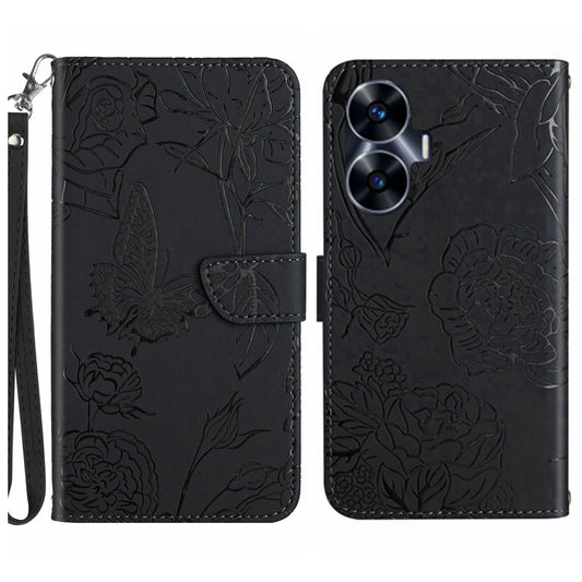 HT03 Skin-touch Imprinted Pattern Leather Phone Case For Realme C55 Stand Cover with Handy Strap