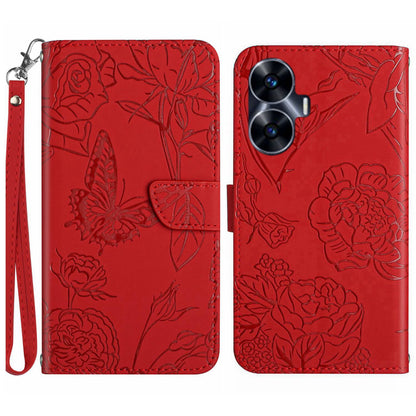 HT03 Skin-touch Imprinted Pattern Leather Phone Case For Realme C55 Stand Cover with Handy Strap