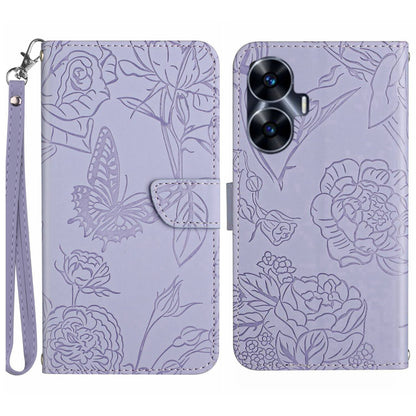 HT03 Skin-touch Imprinted Pattern Leather Phone Case For Realme C55 Stand Cover with Handy Strap