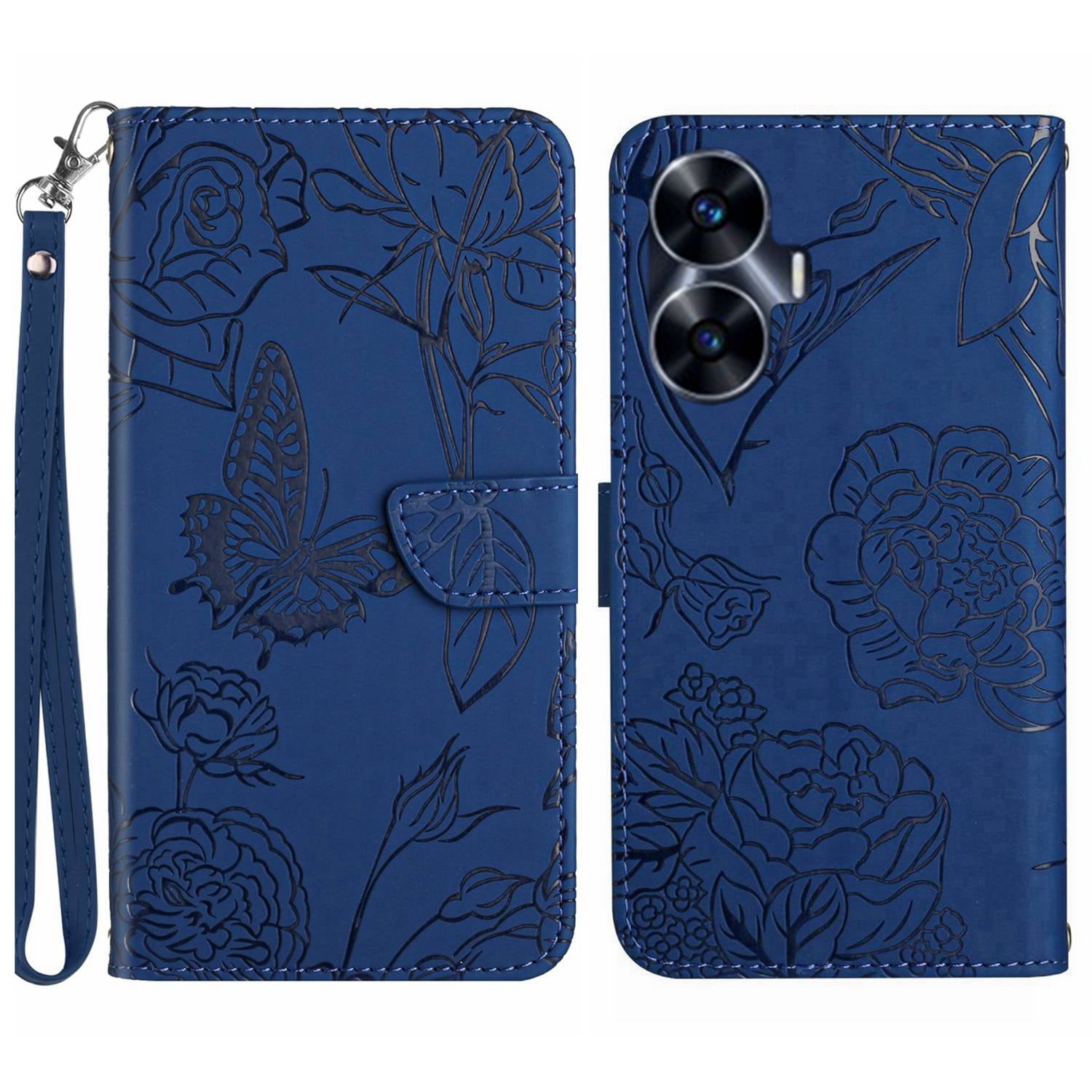 HT03 Skin-touch Imprinted Pattern Leather Phone Case For Realme C55 Stand Cover with Handy Strap