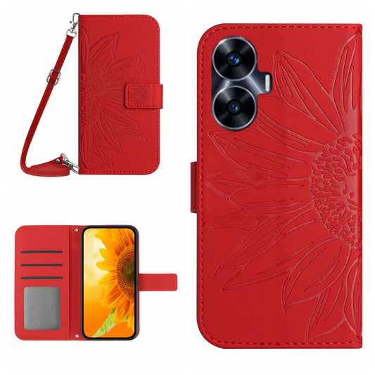 HT04 Skin-touch Leather Flip Cover for Realme C55 , Sunflower Imprinted Stand Wallet Case with Shoulder Strap