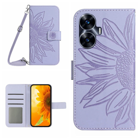 HT04 Skin-touch Leather Flip Cover for Realme C55 , Sunflower Imprinted Stand Wallet Case with Shoulder Strap