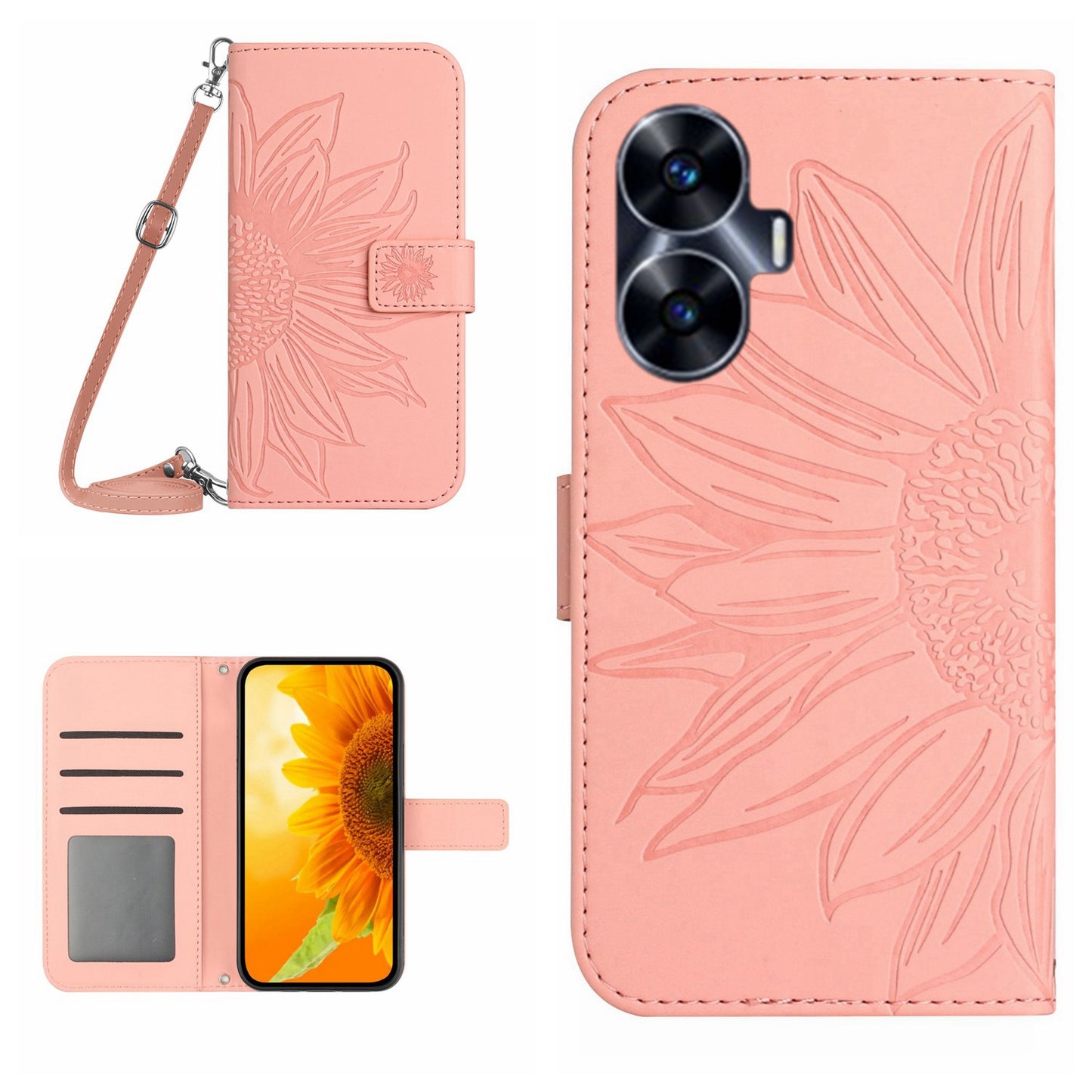 HT04 Skin-touch Leather Flip Cover for Realme C55 , Sunflower Imprinted Stand Wallet Case with Shoulder Strap