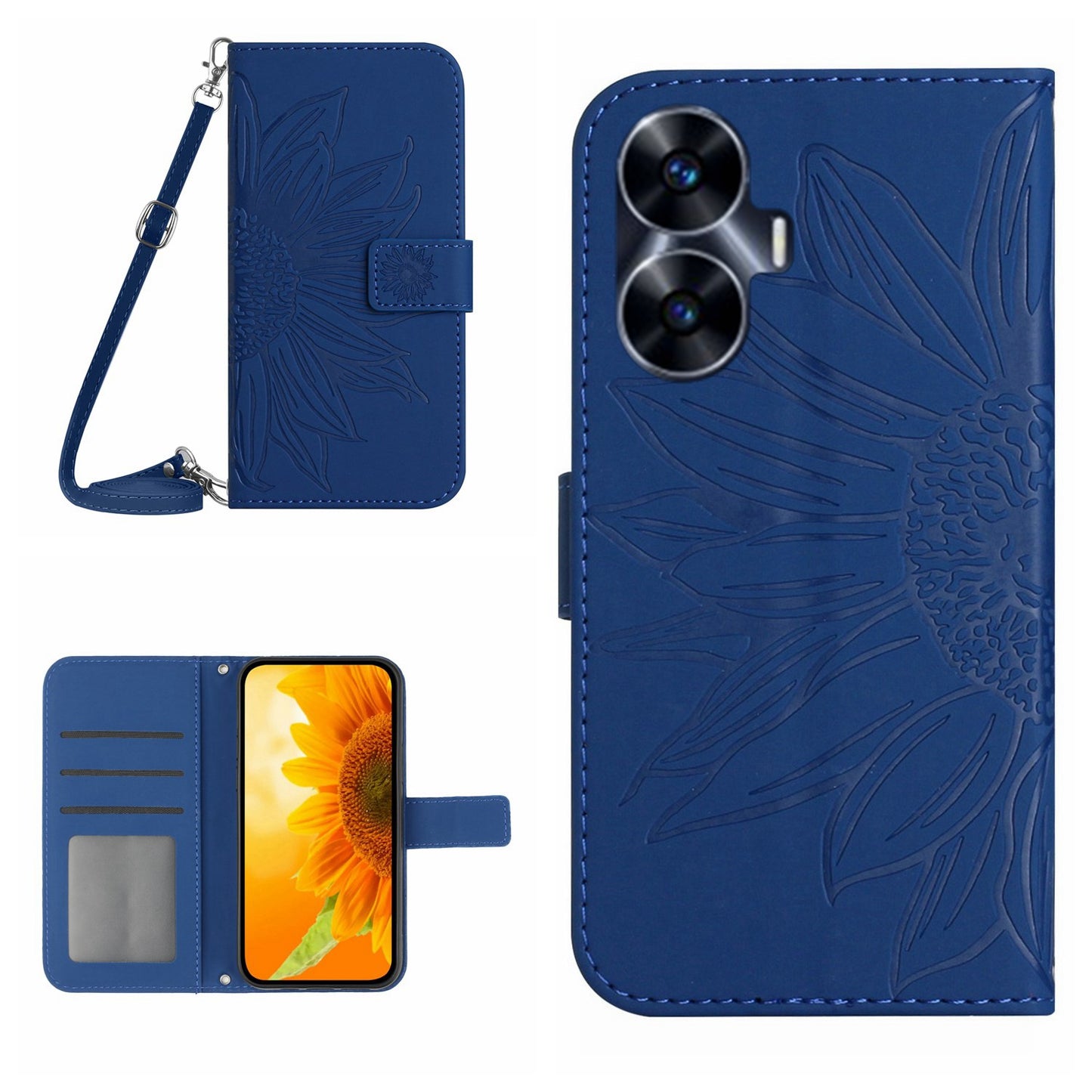 HT04 Skin-touch Leather Flip Cover for Realme C55 , Sunflower Imprinted Stand Wallet Case with Shoulder Strap