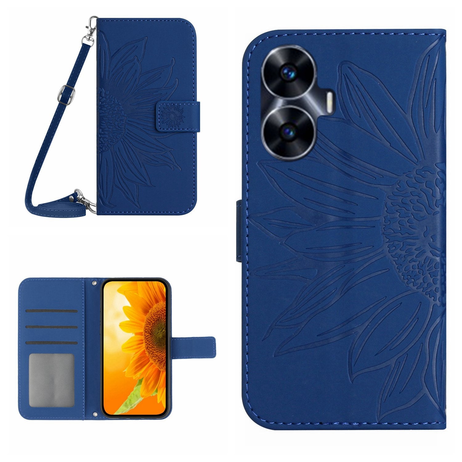 HT04 Skin-touch Leather Flip Cover for Realme C55 , Sunflower Imprinted Stand Wallet Case with Shoulder Strap