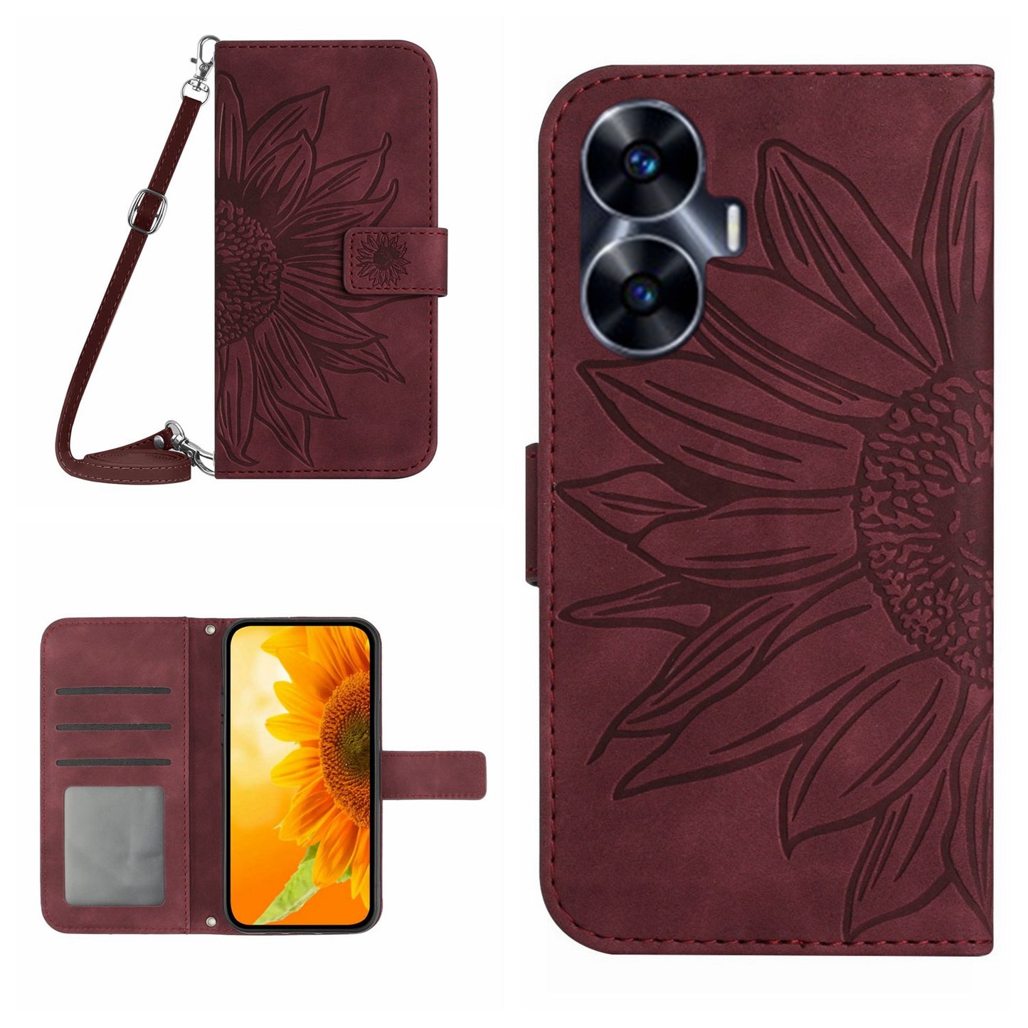 HT04 Skin-touch Leather Flip Cover for Realme C55 , Sunflower Imprinted Stand Wallet Case with Shoulder Strap