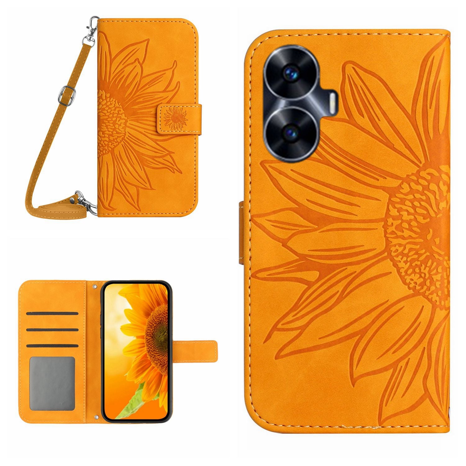 HT04 Skin-touch Leather Flip Cover for Realme C55 , Sunflower Imprinted Stand Wallet Case with Shoulder Strap