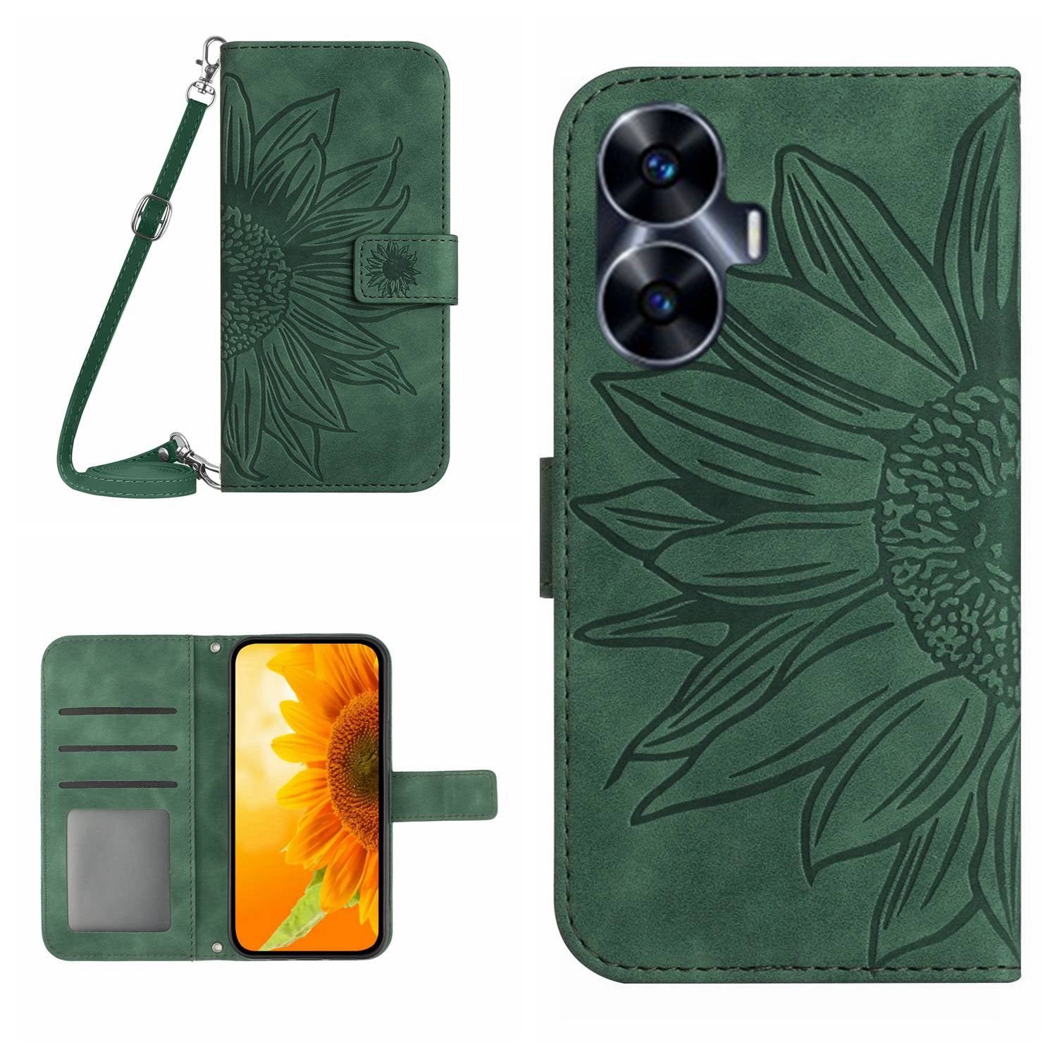 HT04 Skin-touch Leather Flip Cover for Realme C55 , Sunflower Imprinted Stand Wallet Case with Shoulder Strap