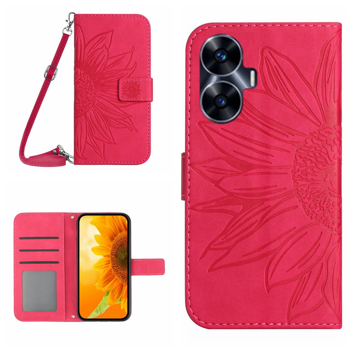 HT04 Skin-touch Leather Flip Cover for Realme C55 , Sunflower Imprinted Stand Wallet Case with Shoulder Strap