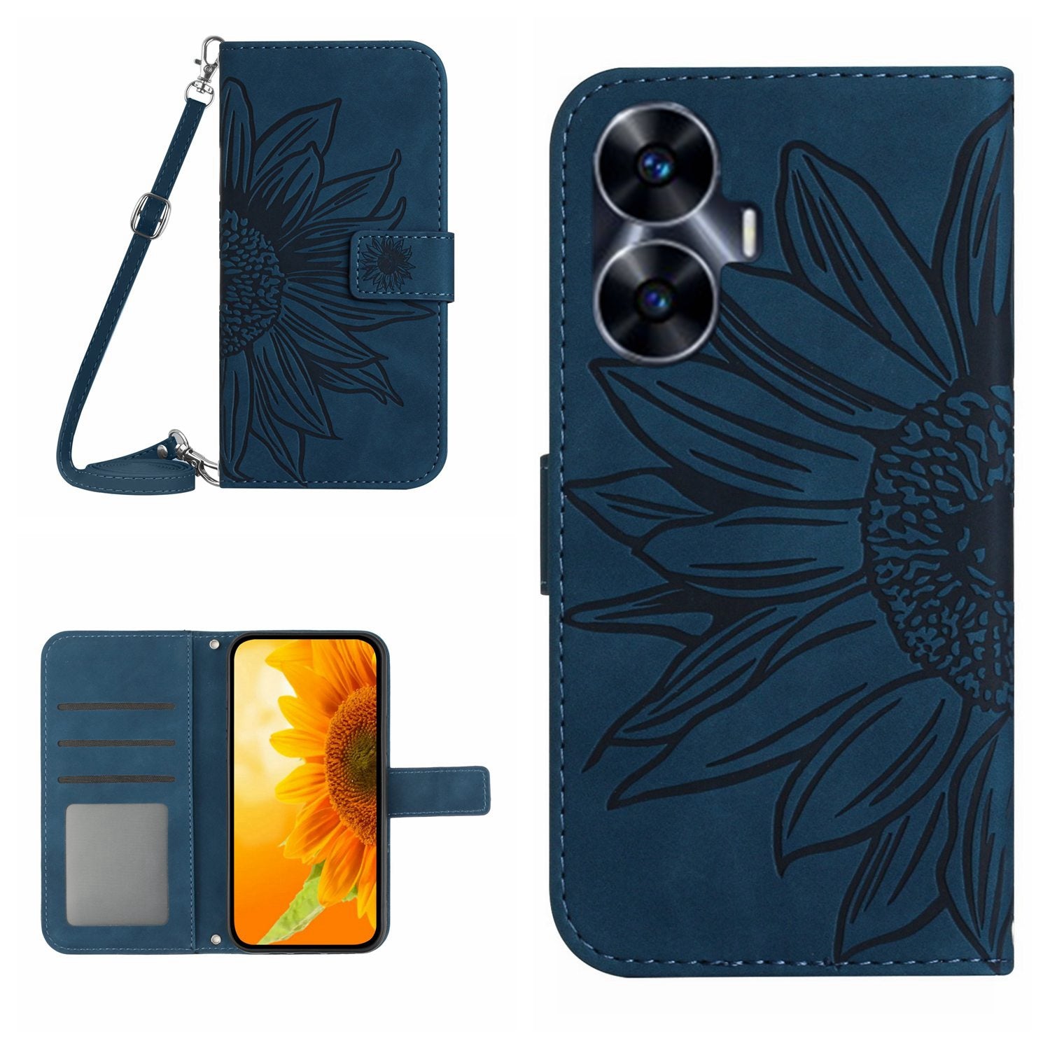 HT04 Skin-touch Leather Flip Cover for Realme C55 , Sunflower Imprinted Stand Wallet Case with Shoulder Strap